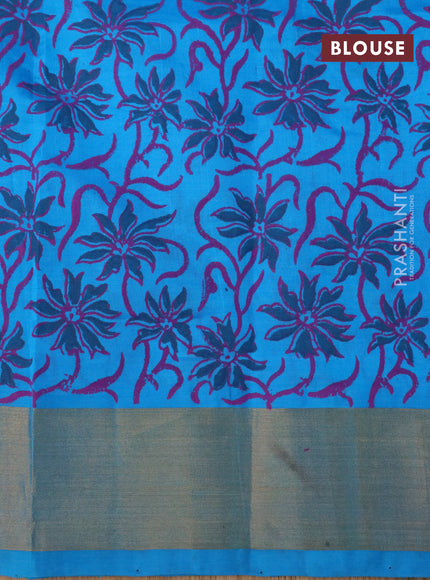 Silk cotton block printed saree cs blue with floral butta prints and zari woven border