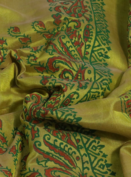 Silk cotton block printed saree lime green shade with allover prints and zari woven border