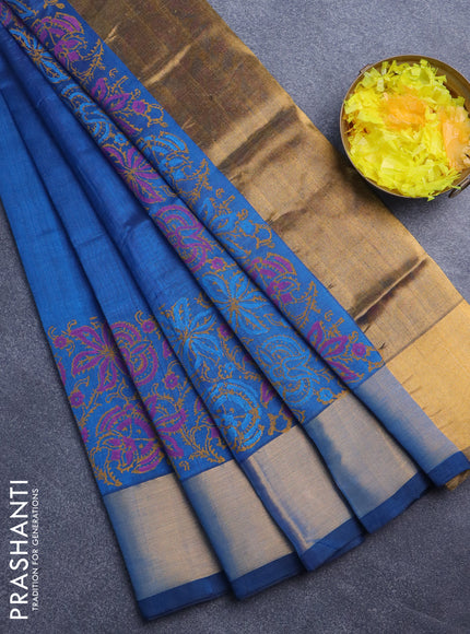 Silk cotton block printed saree peacock blue with floral butta prints and zari woven border