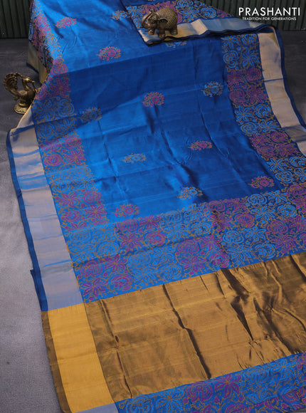 Silk cotton block printed saree peacock blue with floral butta prints and zari woven border