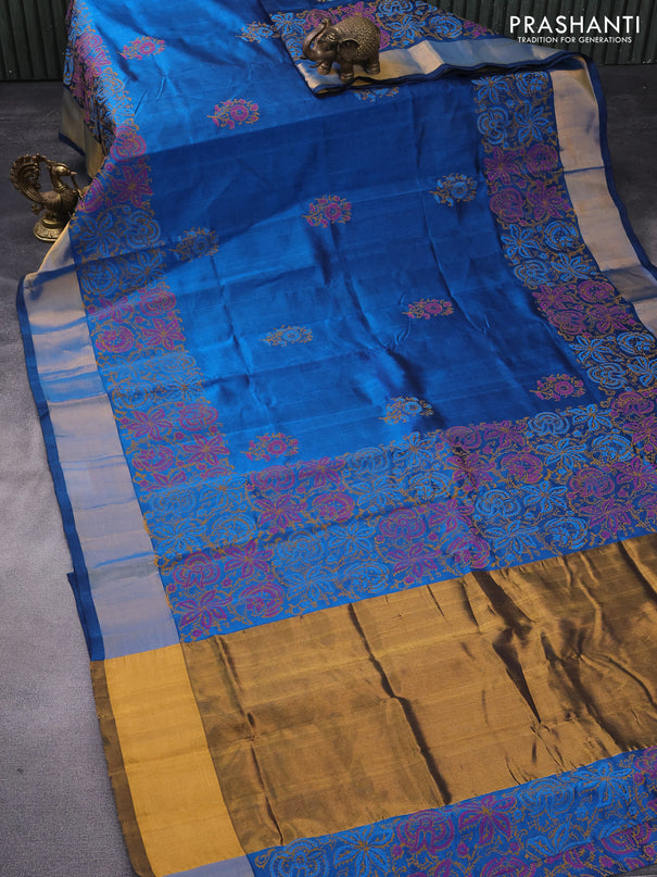 Silk cotton block printed saree peacock blue with floral butta prints and zari woven border