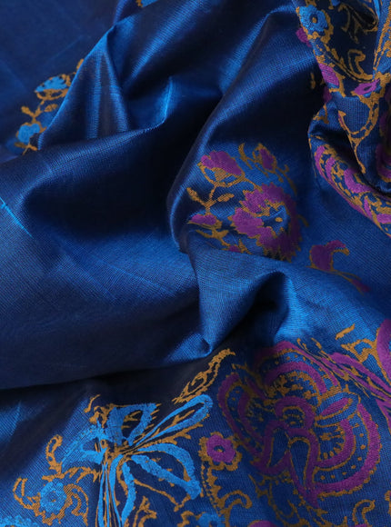 Silk cotton block printed saree peacock blue with floral butta prints and zari woven border