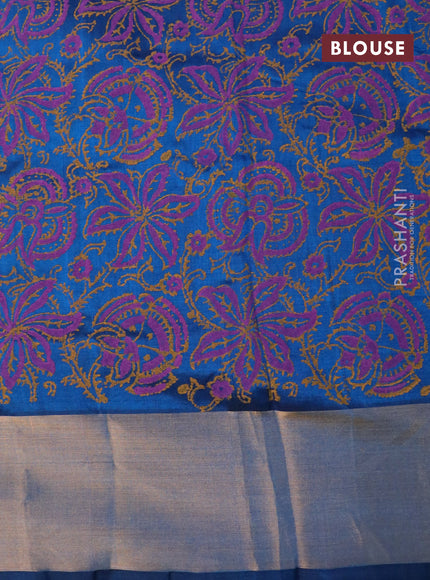 Silk cotton block printed saree peacock blue with floral butta prints and zari woven border