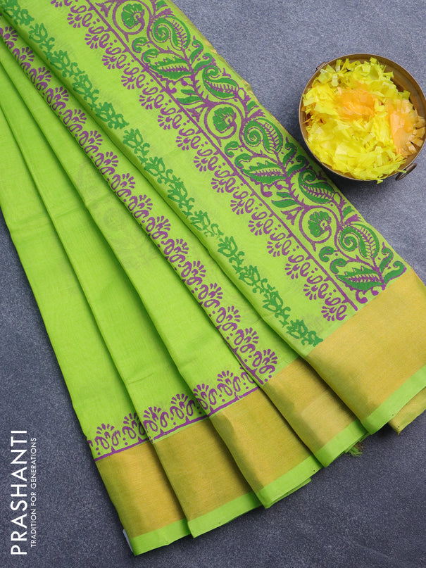 Silk cotton block printed saree light green with paisley butta prints and zari woven border