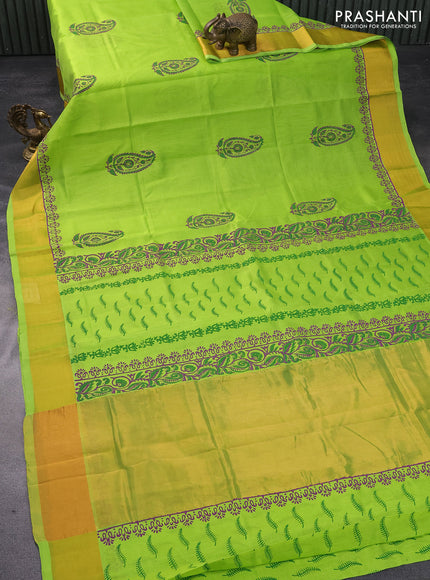 Silk cotton block printed saree light green with paisley butta prints and zari woven border