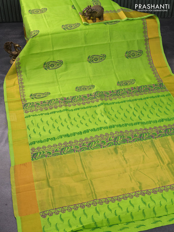 Silk cotton block printed saree light green with paisley butta prints and zari woven border