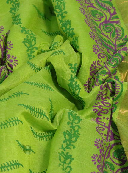 Silk cotton block printed saree light green with paisley butta prints and zari woven border