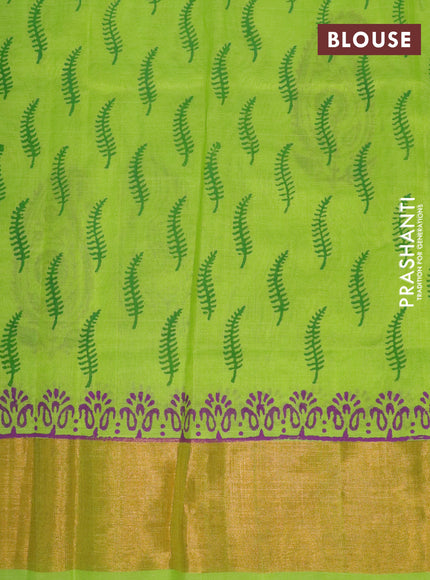 Silk cotton block printed saree light green with paisley butta prints and zari woven border