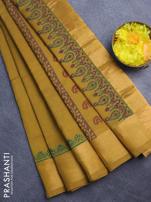 Silk cotton block printed saree dark mustard with paisley butta prints and zari woven border