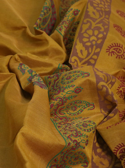 Silk cotton block printed saree dark mustard with paisley butta prints and zari woven border