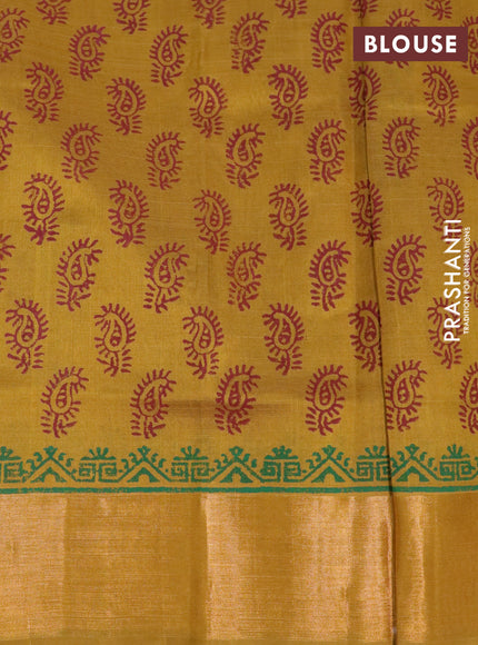 Silk cotton block printed saree dark mustard with paisley butta prints and zari woven border