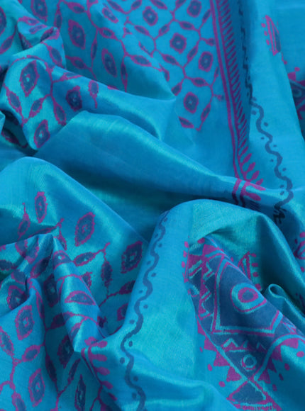 Silk cotton block printed saree dual shade of teal blue with allover prints and zari woven border