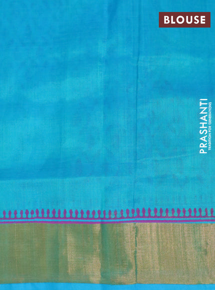 Silk cotton block printed saree dual shade of teal blue with allover prints and zari woven border