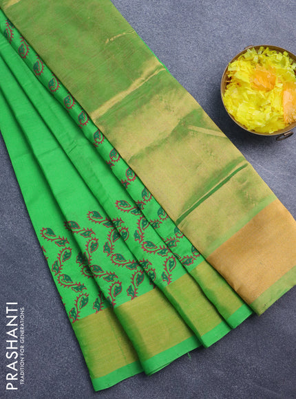 Silk cotton block printed saree green with floral butta prints and zari woven border