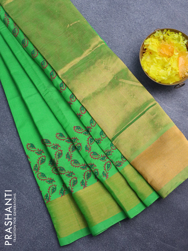 Silk cotton block printed saree green with floral butta prints and zari woven border