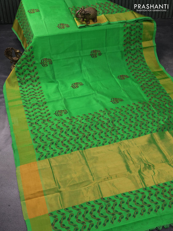 Silk cotton block printed saree green with floral butta prints and zari woven border