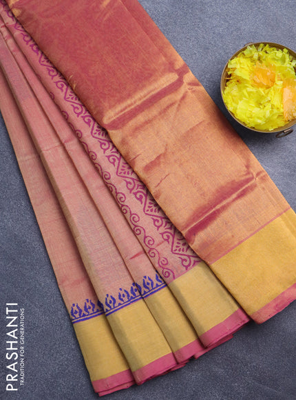 Silk cotton block printed saree dual shade of sandal and pink with butta prints and zari woven border