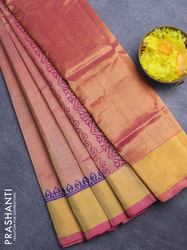 Silk cotton block printed saree dual shade of sandal and pink with butta prints and zari woven border