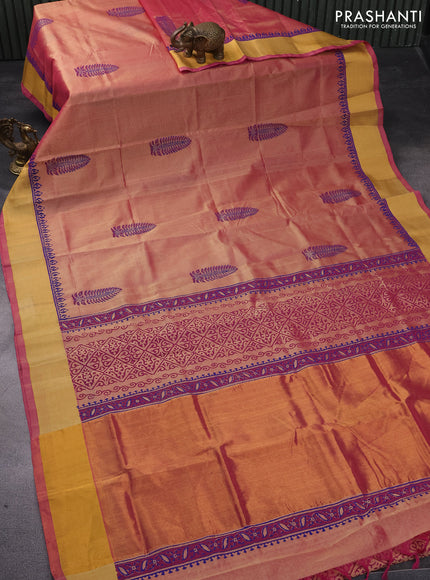 Silk cotton block printed saree dual shade of sandal and pink with butta prints and zari woven border