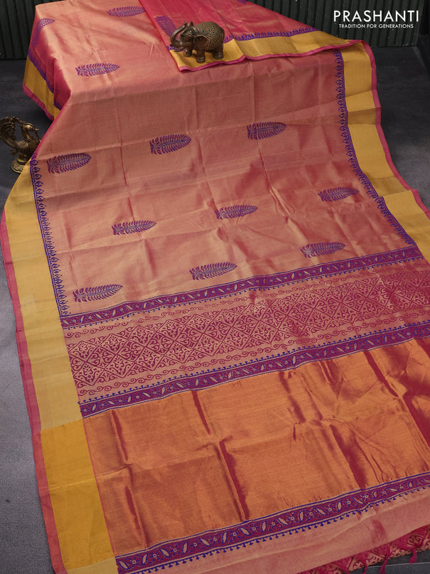 Silk cotton block printed saree dual shade of sandal and pink with butta prints and zari woven border