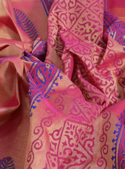 Silk cotton block printed saree dual shade of sandal and pink with butta prints and zari woven border