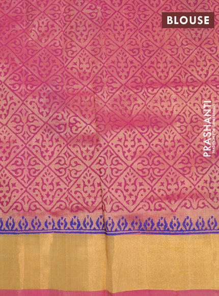 Silk cotton block printed saree dual shade of sandal and pink with butta prints and zari woven border