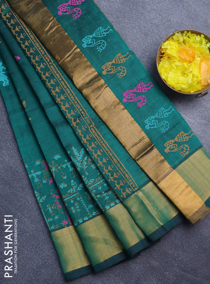 Silk cotton block printed saree dark green with warli butta prints and zari woven border