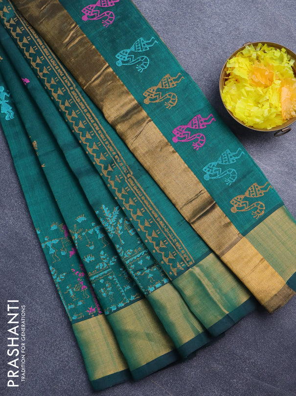 Silk cotton block printed saree dark green with warli butta prints and zari woven border