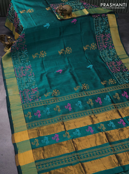 Silk cotton block printed saree dark green with warli butta prints and zari woven border