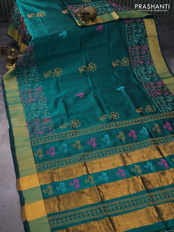 Silk cotton block printed saree dark green with warli butta prints and zari woven border