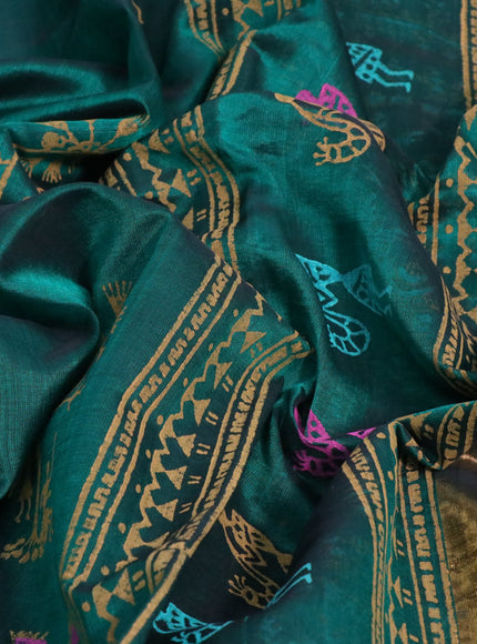 Silk cotton block printed saree dark green with warli butta prints and zari woven border