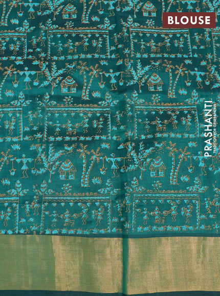 Silk cotton block printed saree dark green with warli butta prints and zari woven border