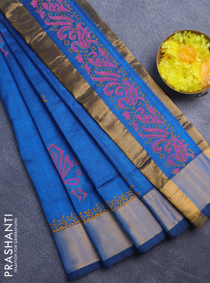 Silk cotton block printed saree peacock blue with peacock butta prints and zari woven border