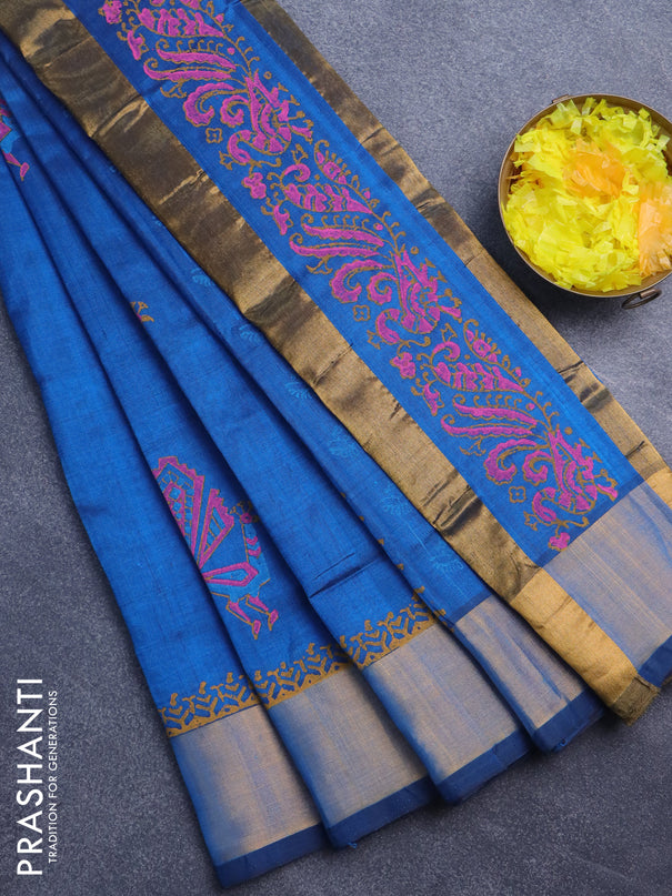 Silk cotton block printed saree peacock blue with peacock butta prints and zari woven border