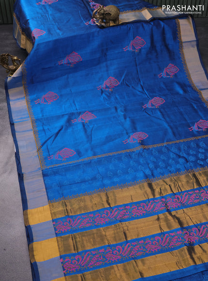 Silk cotton block printed saree peacock blue with peacock butta prints and zari woven border