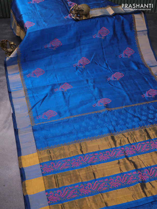 Silk cotton block printed saree peacock blue with peacock butta prints and zari woven border