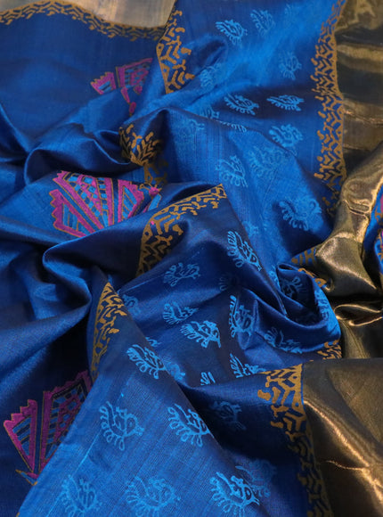 Silk cotton block printed saree peacock blue with peacock butta prints and zari woven border