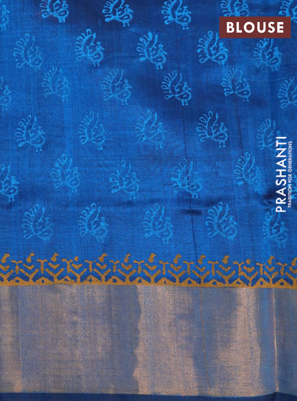 Silk cotton block printed saree peacock blue with peacock butta prints and zari woven border