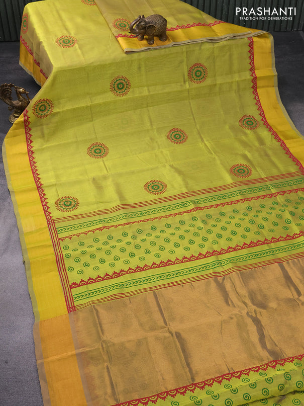 Silk cotton block printed saree lime yellow shade with butta prints and zari woven border