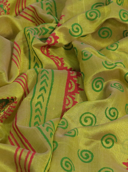 Silk cotton block printed saree lime yellow shade with butta prints and zari woven border