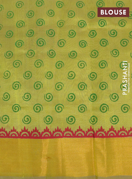 Silk cotton block printed saree lime yellow shade with butta prints and zari woven border