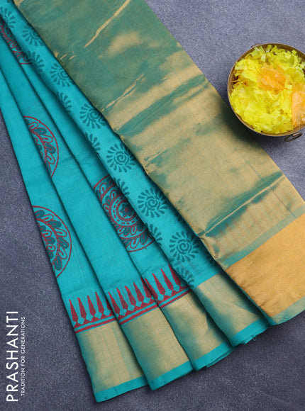 Silk cotton block printed saree teal green with butta prints and zari woven border