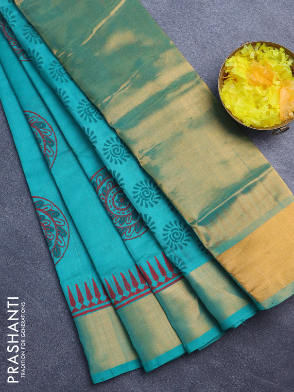 Silk cotton block printed saree teal green with butta prints and zari woven border