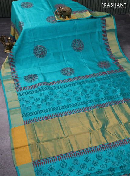 Silk cotton block printed saree teal green with butta prints and zari woven border