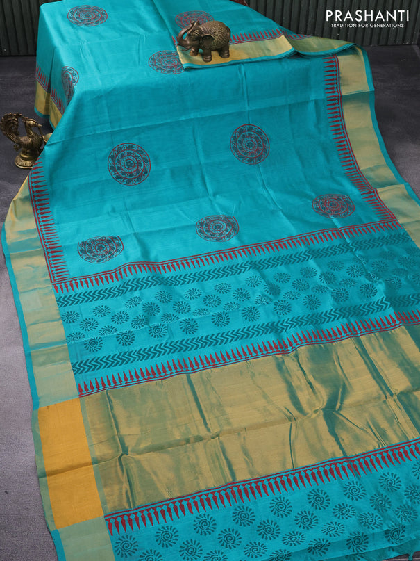 Silk cotton block printed saree teal green with butta prints and zari woven border