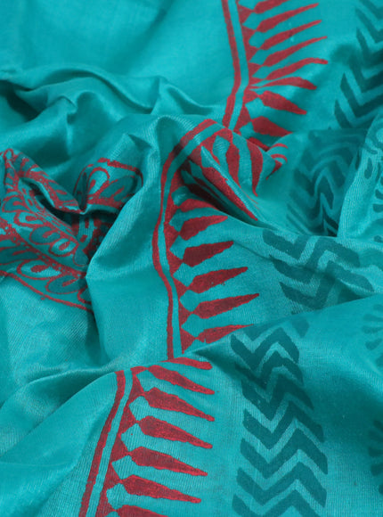 Silk cotton block printed saree teal green with butta prints and zari woven border