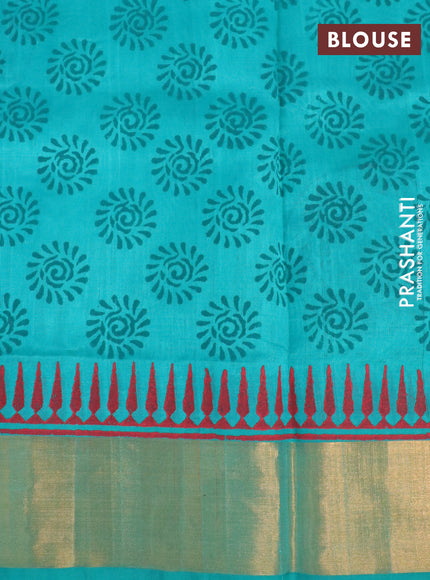 Silk cotton block printed saree teal green with butta prints and zari woven border