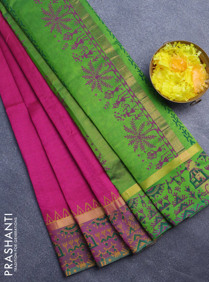 Silk cotton block printed saree magenta pink and light green with butta prints and zari woven printed border