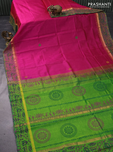 Silk cotton block printed saree magenta pink and light green with butta prints and zari woven printed border