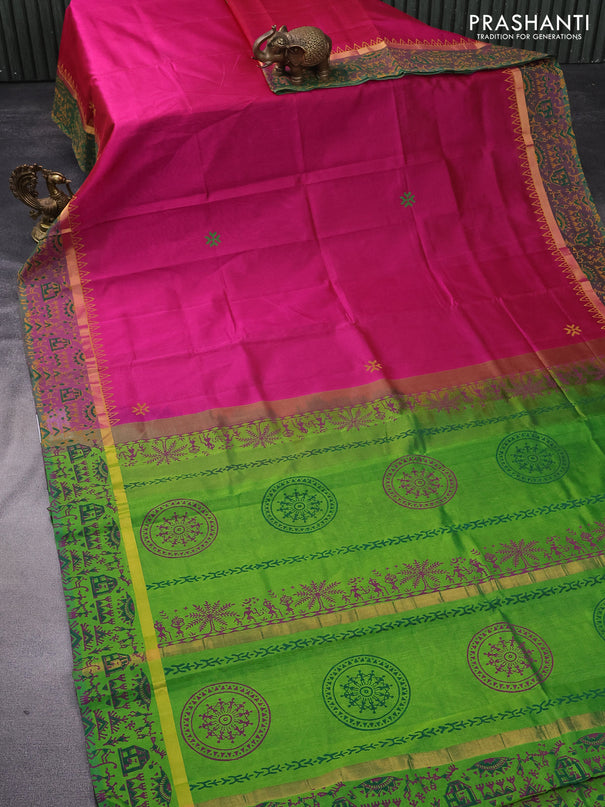 Silk cotton block printed saree magenta pink and light green with butta prints and zari woven printed border